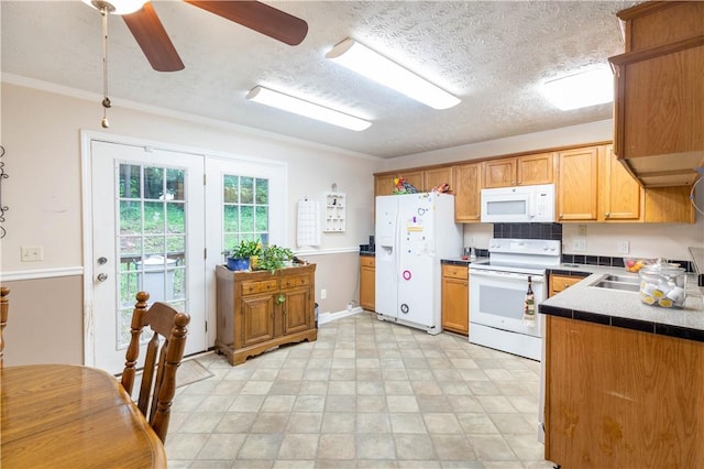327 Timberlake One Cir, Seneca, SC 29678 - kitchen with white appliances, crown molding, a ceiling fan, a textured ceiling, and a sink