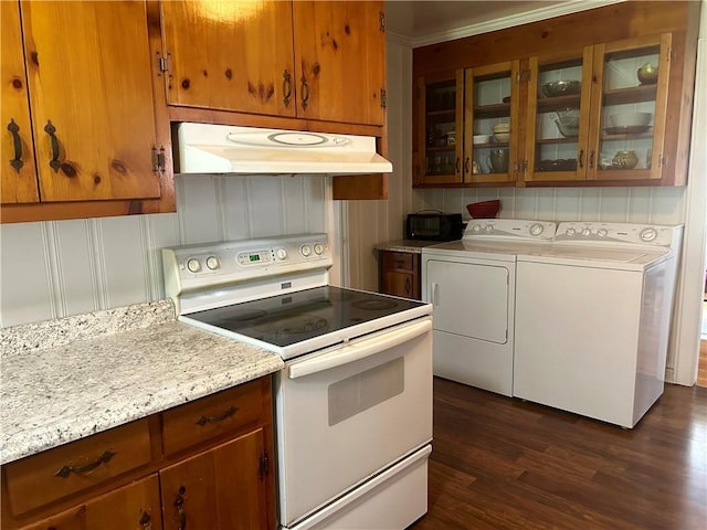 502 Cheyenne St, Anderson, SC 29626 - kitchen featuring electric stove, under cabinet range hood, independent washer and dryer, brown cabinetry, and dark wood-style floors