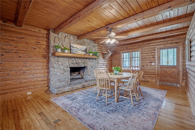 60 Lakeside Dr, Lyman, SC 29365 - dining area with wood ceiling with exposed beams, a fireplace, wood finished floors, a ceiling fan, and rustic walls
