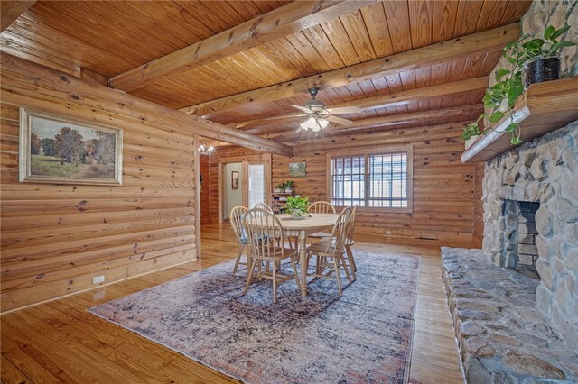60 Lakeside Dr, Lyman, SC 29365 - dining area with hardwood / wood-style floors, wooden ceiling with exposed beams, ceiling fan, a fireplace, and log walls