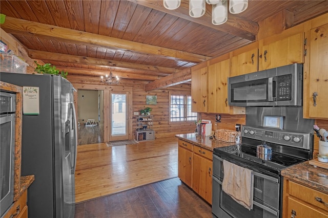 60 Lakeside Dr, Lyman, SC 29365 - kitchen featuring stainless steel appliances, a chandelier, rustic walls, dark wood-style floors, and wooden ceiling with exposed beams