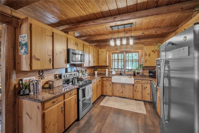 60 Lakeside Dr, Lyman, SC 29365 - kitchen with stainless steel appliances, a sink, dark wood-style flooring, wood ceiling with exposed beams, and pendant lighting