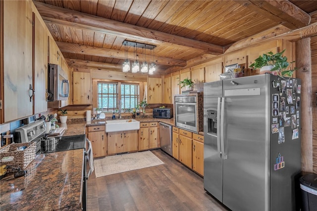 60 Lakeside Dr, Lyman, SC 29365 - kitchen featuring stainless steel appliances, wood ceiling with exposed beams, dark wood-style flooring, a sink, and dark countertops