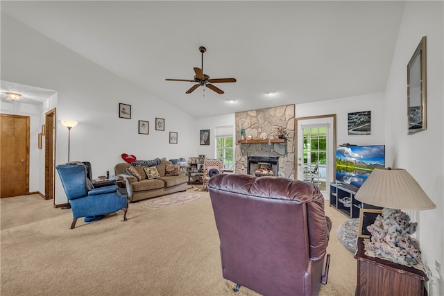 211 Jana Dr, Walhalla, SC 29691 - carpeted living area with vaulted ceiling, ceiling fan, and a stone fireplace
