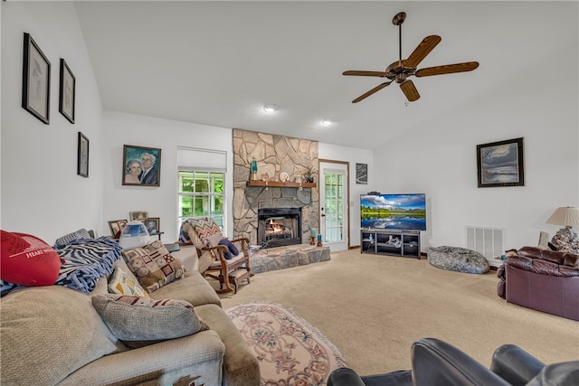 211 Jana Dr, Walhalla, SC 29691 - living room with carpet floors, vaulted ceiling, a ceiling fan, a stone fireplace, and recessed lighting