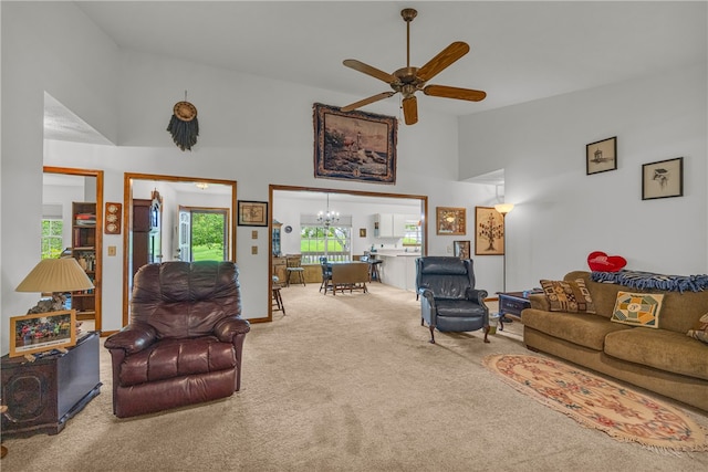 211 Jana Dr, Walhalla, SC 29691 - carpeted living area featuring a ceiling fan, a chandelier, and high vaulted ceiling