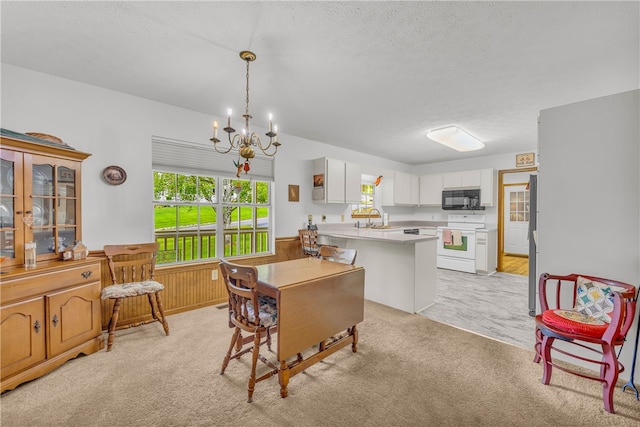 211 Jana Dr, Walhalla, SC 29691 - dining room featuring light colored carpet, a chandelier, wainscoting, and a textured ceiling