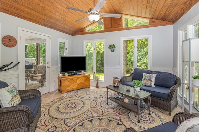 108 Ascot Ct, Easley, SC 29642 - living room with wood ceiling, lofted ceiling, a wainscoted wall, ceiling fan, and tile patterned floors