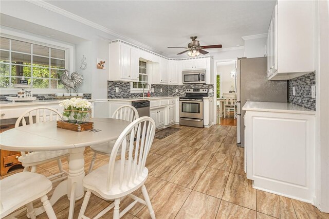 108 Ascot Ct, Easley, SC 29642 - kitchen featuring appliances with stainless steel finishes, decorative backsplash, a sink, ceiling fan, and ornamental molding