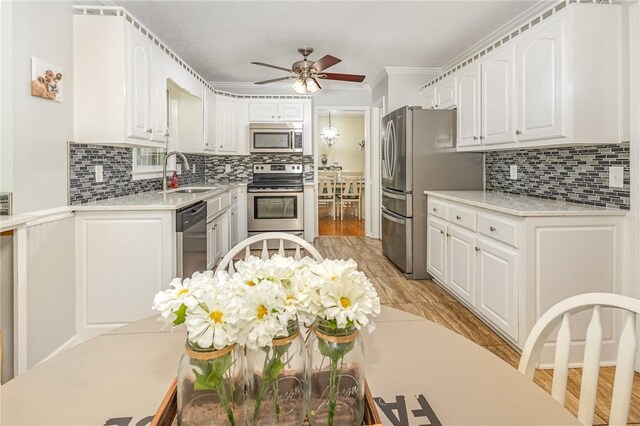 108 Ascot Ct, Easley, SC 29642 - kitchen featuring appliances with stainless steel finishes, a sink, tasteful backsplash, ceiling fan, and ornamental molding