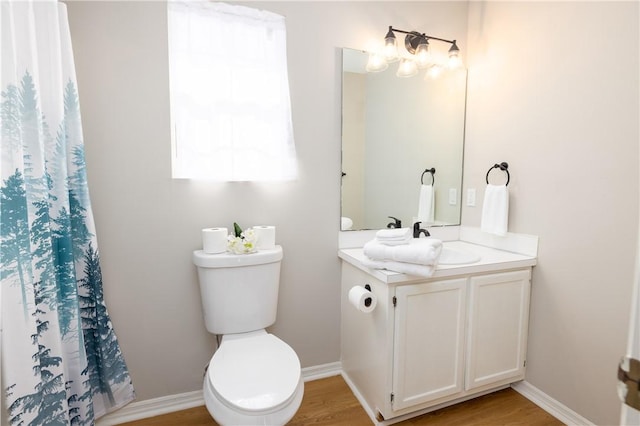 410 S Cove Rd, Seneca, SC 29672 - bathroom featuring toilet, vanity, wood finished floors, a shower with curtain, and baseboards