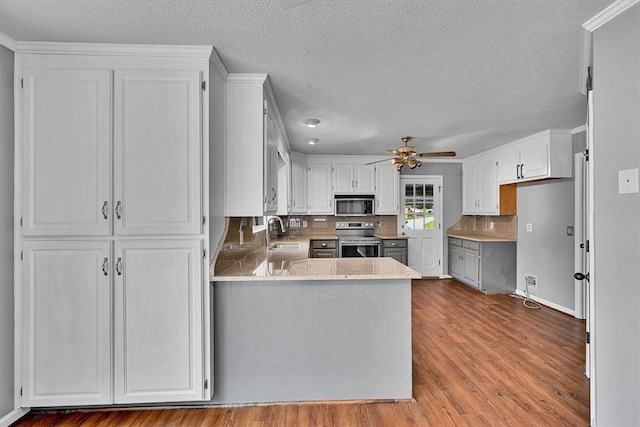 1208 Marett Rd, Pendleton, SC 29670 - kitchen featuring stainless steel appliances, a ceiling fan, a sink, a peninsula, and tasteful backsplash