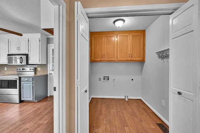 1208 Marett Rd, Pendleton, SC 29670 - laundry area featuring hookup for a washing machine, a textured ceiling, hookup for an electric dryer, light wood-style flooring, and hookup for a gas dryer