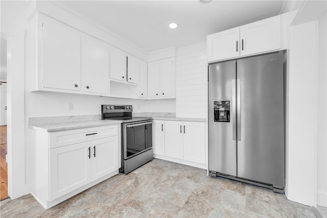 731 E Main St, Seneca, SC 29678 - kitchen featuring appliances with stainless steel finishes, white cabinetry, recessed lighting, and light stone counters