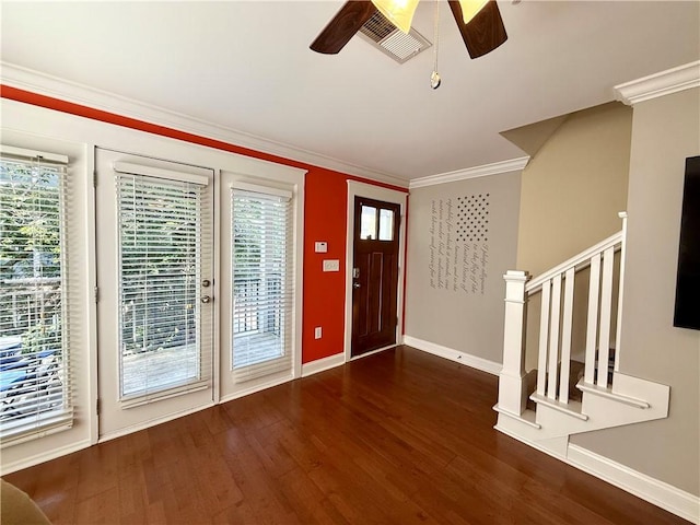 833 Old Greenville Hwy Unit 323, Clemson, SC 29631 - entrance foyer with a ceiling fan, wood finished floors, stairs, baseboards, and crown molding