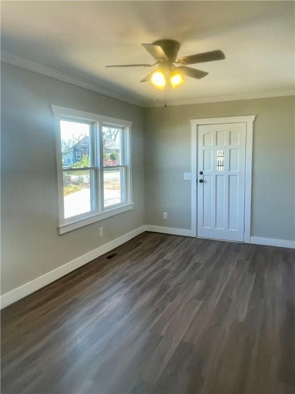 403 E S 5th St, Seneca, SC 29678 - entrance foyer featuring crown molding, baseboards, a ceiling fan, and dark wood-style flooring