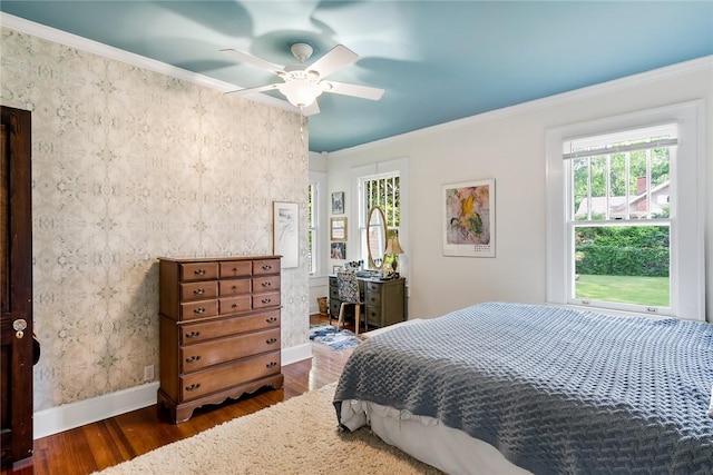 227 S Main St, Honea Path, SC 29654 - bedroom featuring dark wood-type flooring, ornamental molding, baseboards, and ceiling fan