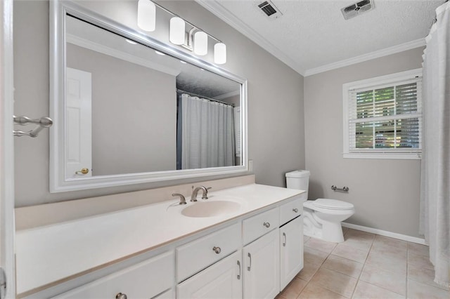 133 Cherokee Rd, Easley, SC 29642 - bathroom featuring vanity, crown molding, toilet, a textured ceiling, and tile patterned floors