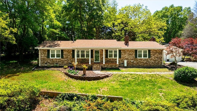 133 Cherokee Rd, Easley, SC 29642 - ranch-style house with a chimney, a front lawn, brick siding, and crawl space