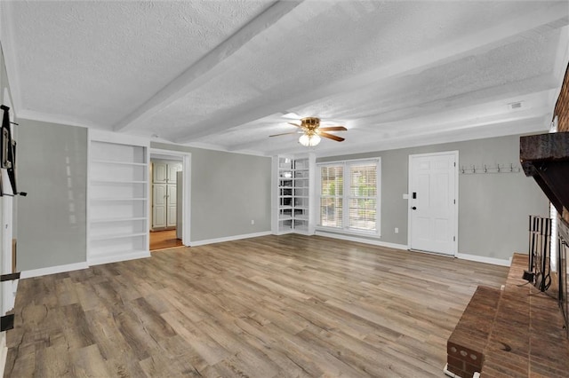 133 Cherokee Rd, Easley, SC 29642 - unfurnished living room featuring a textured ceiling, ceiling fan, baseboards, light wood-type flooring, and built in features