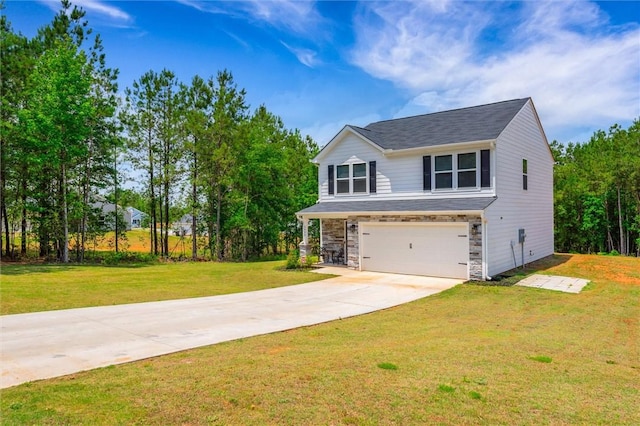 5990 Old Pearman Dairy Rd, Anderson, SC 29625 - view of front of property with an attached garage, concrete driveway, a front yard, and stone siding