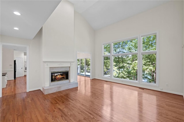118 Pinnacle Pointe Dr, Seneca, SC 29672 - unfurnished living room featuring a fireplace, wood finished floors, high vaulted ceiling, baseboards, and recessed lighting