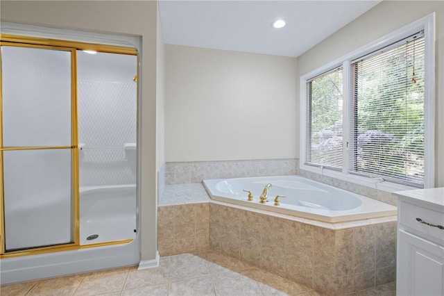 118 Pinnacle Pointe Dr, Seneca, SC 29672 - bathroom with a bath, a stall shower, tile patterned floors, and vanity