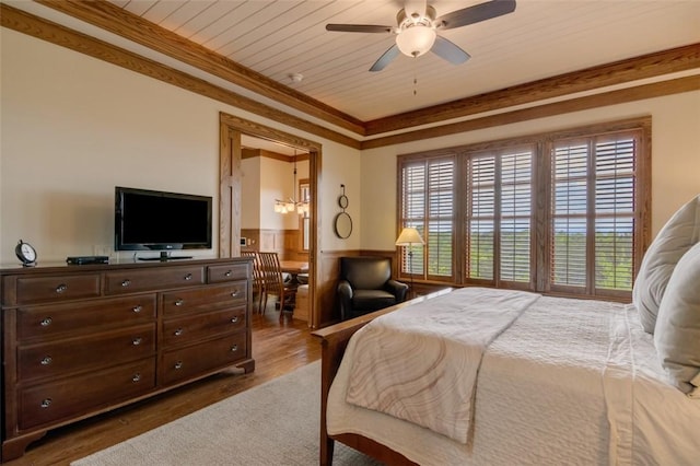 143 Button Bush Trl, Six Mile, SC 29682 - bedroom with wainscoting, wooden ceiling, dark wood-style floors, a ceiling fan, and crown molding