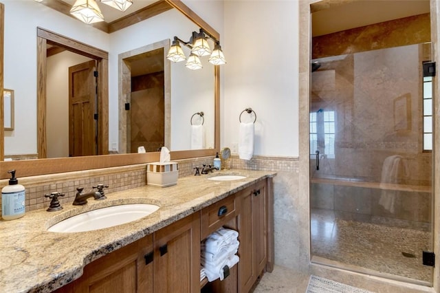 143 Button Bush Trl, Six Mile, SC 29682 - full bath featuring double vanity, a stall shower, and tile walls