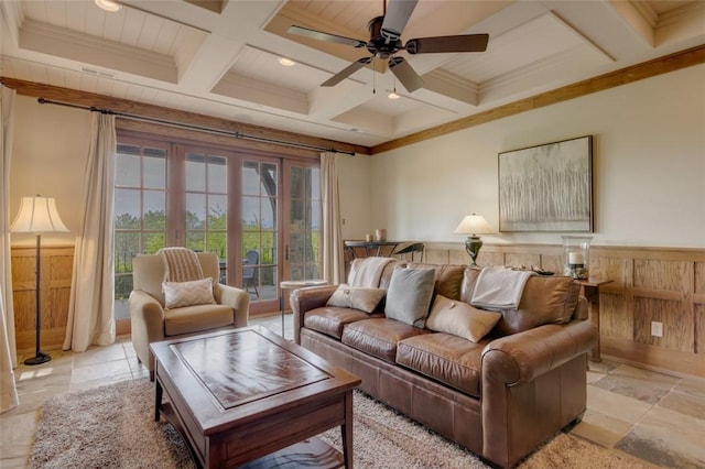 143 Button Bush Trl, Six Mile, SC 29682 - living area with beamed ceiling, stone tile flooring, coffered ceiling, ornamental molding, and ceiling fan