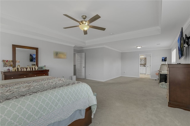 400 N Oak Crest Dr, Belton, SC 29627 - bedroom featuring a tray ceiling, light carpet, ornamental molding, baseboards, and ceiling fan