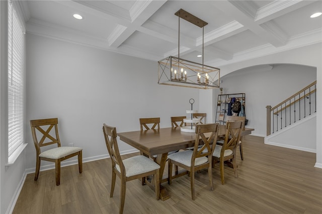 400 N Oak Crest Dr, Belton, SC 29627 - dining room featuring beamed ceiling, arched walkways, coffered ceiling, wood finished floors, and recessed lighting