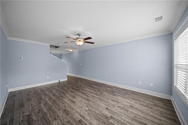 406 Bee Cove Way, Pendleton, SC 29670 - unfurnished living room with ornamental molding, dark wood-style floors, healthy amount of natural light, a ceiling fan, and baseboards