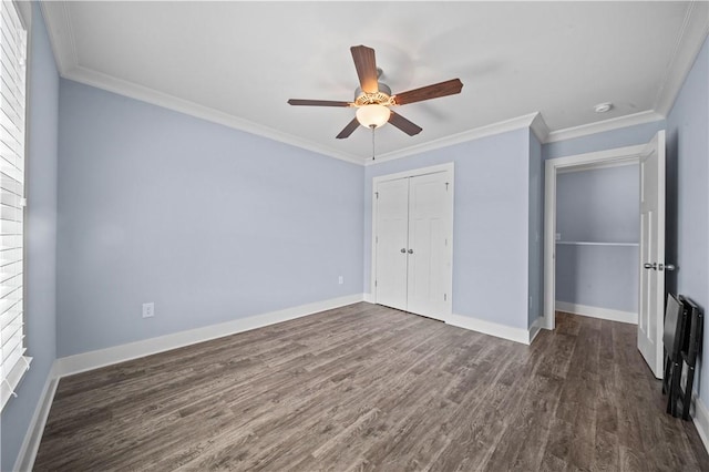 406 Bee Cove Way, Pendleton, SC 29670 - unfurnished bedroom featuring dark wood finished floors, baseboards, a closet, and ornamental molding
