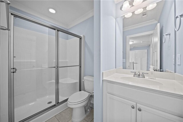 406 Bee Cove Way, Pendleton, SC 29670 - bathroom with toilet, tile patterned flooring, a stall shower, vanity, and ornamental molding