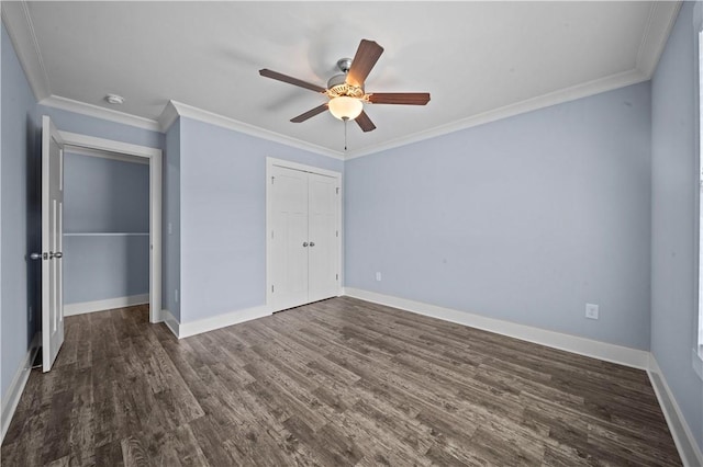 406 Bee Cove Way, Pendleton, SC 29670 - unfurnished bedroom with dark wood-type flooring, baseboards, crown molding, a closet, and ceiling fan