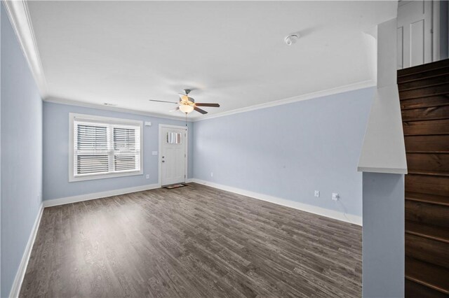406 Bee Cove Way, Pendleton, SC 29670 - unfurnished living room featuring ornamental molding, a ceiling fan, baseboards, and wood finished floors