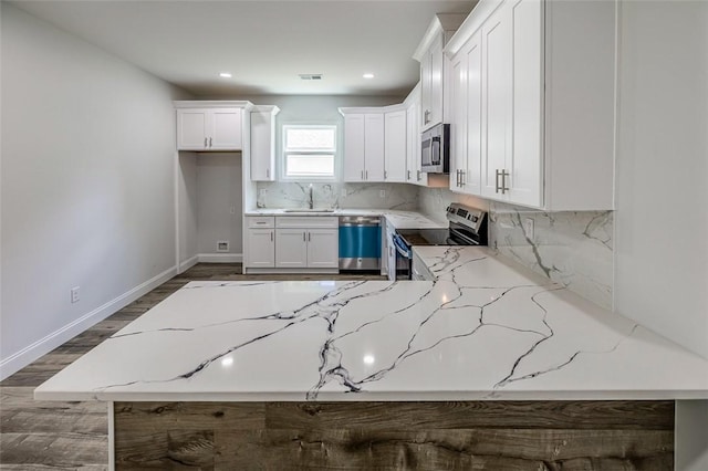 107A Avondale Rd, Anderson, SC 29624 - kitchen with appliances with stainless steel finishes, light stone counters, backsplash, white cabinets, and a peninsula