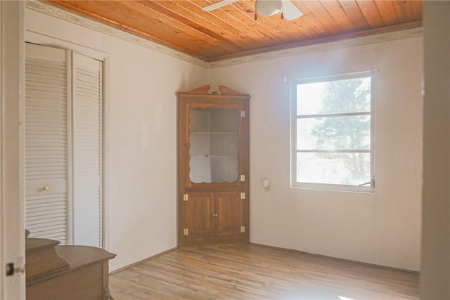 504 Suttles Landing Rd, Iva, SC 29655 - interior space with wood ceiling, light wood-style floors, ornamental molding, a closet, and ceiling fan