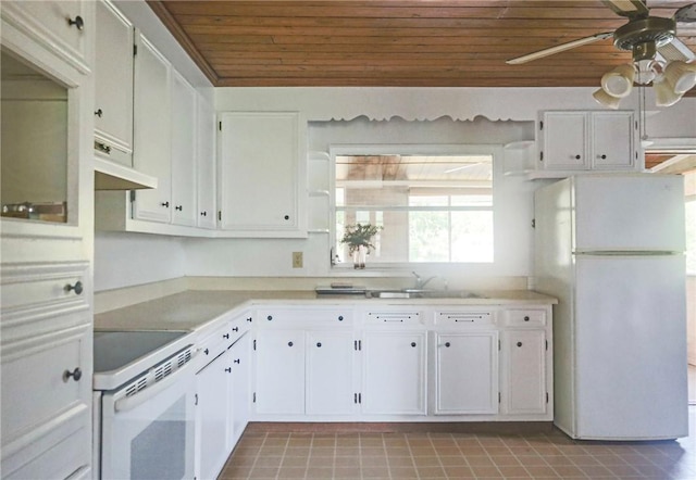 504 Suttles Landing Rd, Iva, SC 29655 - kitchen featuring white appliances, a ceiling fan, wood ceiling, a sink, and under cabinet range hood