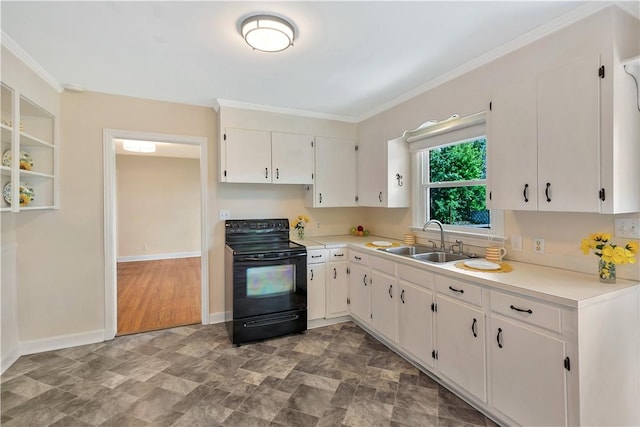 2400 Lane Ave, Anderson, SC 29621 - kitchen featuring electric range, a sink, white cabinetry, light countertops, and ornamental molding