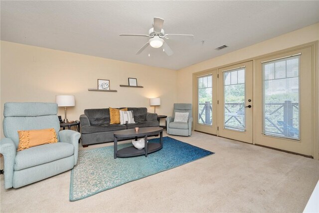 1523 Gadwell Way, Seneca, SC 29678 - living area featuring carpet floors, french doors, and a ceiling fan