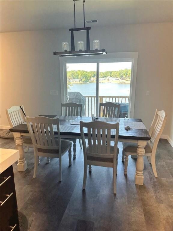 70 Creek Point Dr, Abbeville, SC 29620 - dining room with dark wood-style flooring, baseboards, and a water view