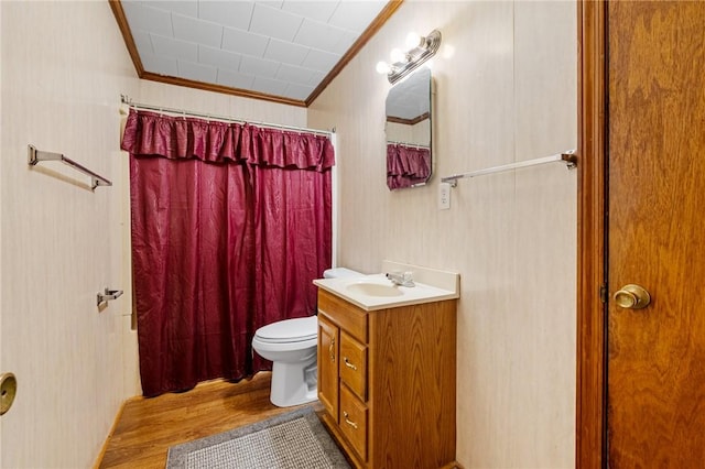 134 Grasshopper Hill Rd, Pickens, SC 29671 - bathroom with crown molding, toilet, vanity, wood finished floors, and curtained shower