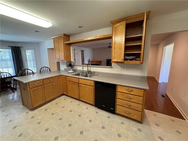 106 Dewars Trl, Anderson, SC 29621 - kitchen with a sink, dishwasher, open shelves, a ceiling fan, and a peninsula