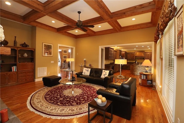 122 Langwell Dr, Anderson, SC 29621 - living room featuring light wood-style floors, ceiling fan, coffered ceiling, beamed ceiling, and baseboards