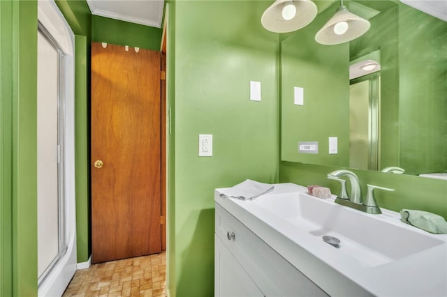 466 Whetstone Rd, Mountain Rest, SC 29664 - bathroom featuring vanity, a stall shower, crown molding, and baseboards