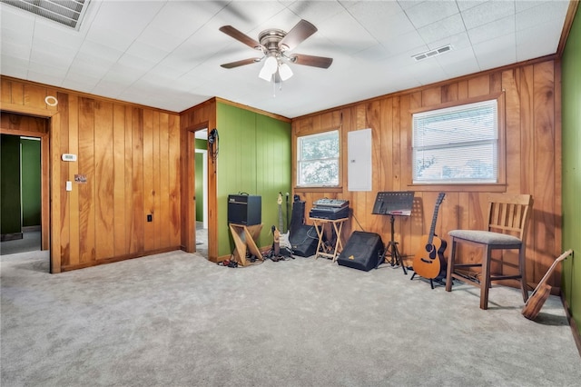 466 Whetstone Rd, Mountain Rest, SC 29664 - miscellaneous room with carpet floors, wooden walls, a ceiling fan, and electric panel