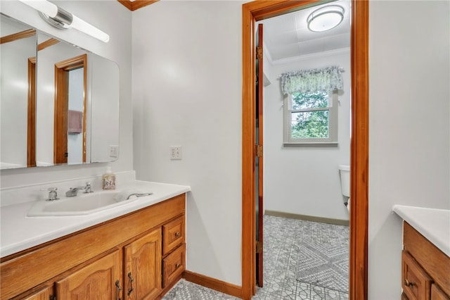 466 Whetstone Rd, Mountain Rest, SC 29664 - bathroom with vanity, crown molding, toilet, and baseboards