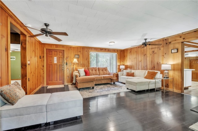 466 Whetstone Rd, Mountain Rest, SC 29664 - living area featuring ceiling fan, wood walls, baseboards, and wood finished floors